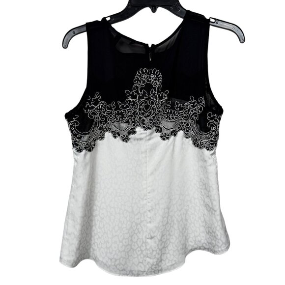 White House Black Market Top Size 2 Black White Leopard Lace Satin Mesh Classy - Picture 3 of 11